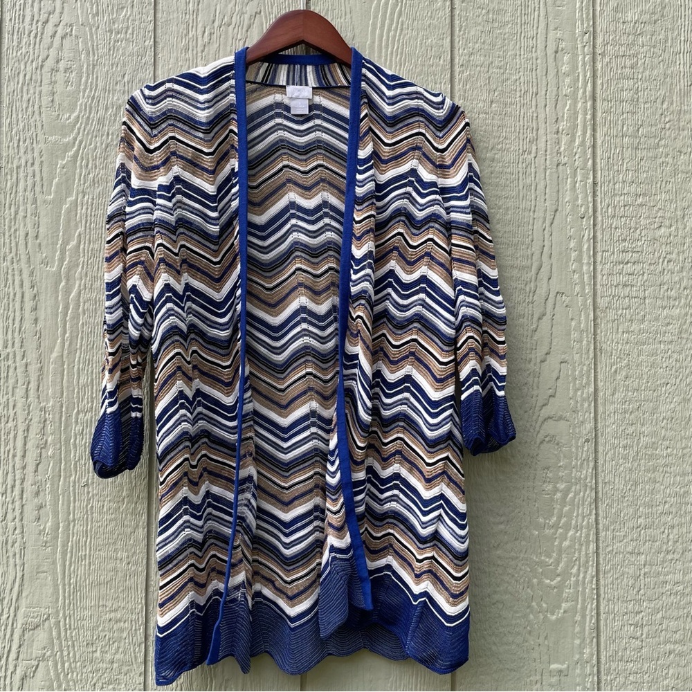 Chico's Travelers Cardigan sweater  size 1‎ (M) Seafaring Blue Zig Zag Stitch